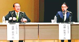 公開討論会で持論を訴える遠藤氏(左)と内藤氏=徳島市元町1