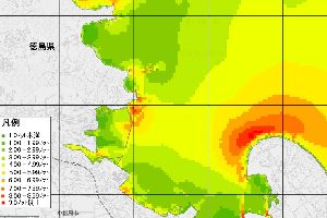 徳島小松島港周辺の津波の最大流速を示したマップ
