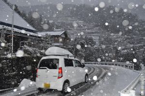 雪が積もり始めた県道や家々＝２３日午後５時ごろ、三好市井川町井内西