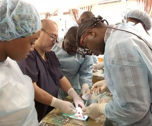 松村医師の指導の下、豚の心臓を使った模擬手術に取り組むザンビア人外科医ら＝ザンビア・ルサカのザンビア大付属教育病院