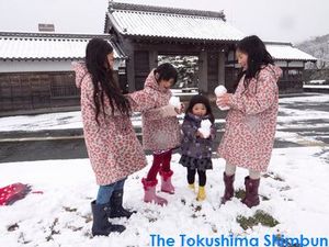 寒波の影響で、雪景色に染まった徳島市内。鷲の門では雪遊びに興じる子どもの姿も=２月４日午前10時45分、徳島市徳島町城内１