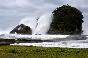 台風１１号の接近で島に激しく打ち寄せる白波＝午前８時３４分、美波町日和佐浦の大浜海岸