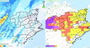 徳島県が5月8日から運用を始める防災情報サイトの画面。左が雨量分布、右が土砂災害危険度を示している(県提供)