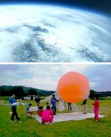 【上】気球から撮影された地球の映像【下】気球打ち上げの準備をする学生＝高知県室戸市の室戸中央公園（いずれもチーム提供）