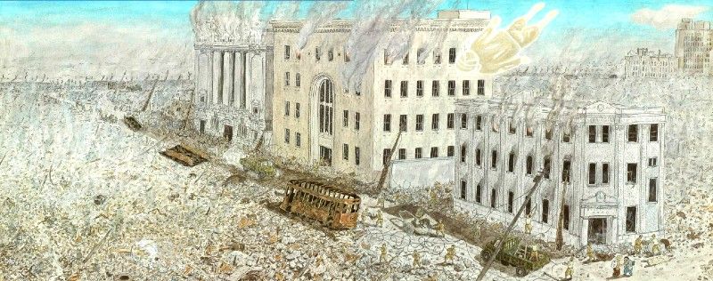 1945年8月7日、爆心地近くの芸備銀行＝現広島銀行(左)、住友銀行(中)と、焼けた路面電車。「絵で読む 広島の原爆」(1995年)より　(c)Shigeo　Nishimura