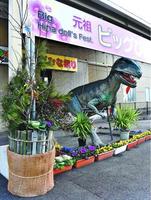 人形文化交流館前に設置された恐竜模型と門松=勝浦町生名