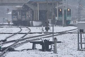 雪が降る中、阿波池田駅に止まっている列車＝１日午前１０時ごろ、三好市池田町