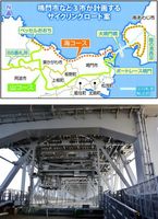 徳島、兵庫両県がサイクリングロード整備の検討を始める大鳴門橋の下部＝南あわじ市