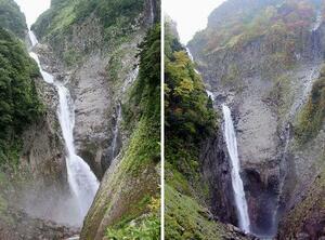 　２００１年１０月撮影（右、立山カルデラ砂防博物館提供）と現在の「称名滝」。４段目途中に新たな「５段目」ができつつある＝富山県立山町