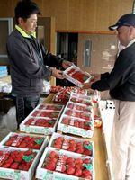 直売所でイチゴを買い求める客（右）＝阿波市土成町吉田