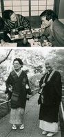 ［上」談笑する寂聴さん（左）と吉行淳之介さん（１９６６年ごろ撮影）　［下」対談をきっかけに親しく付き合うようになった宇野千代さん（左）と寂聴さん（１９８２年ごろ撮影）