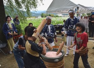 花しょうぶ祭りで三味線餅つきに飛び入り参加した子ども＝美馬市美馬町の寺町公園