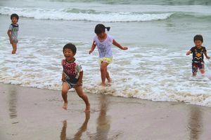 波打ち際で歓声を上げる子どもたち＝美波町の田井ノ浜海水浴場