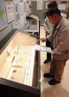 石器や土器など約２００点の出土品を並べた展示会「四国の黎明」＝板野町の県立埋蔵文化財総合センター・レキシルとくしま
