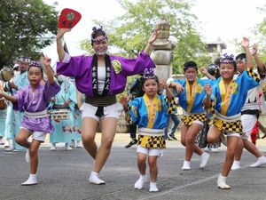 奉納踊りを披露する本家大名連の踊り手=徳島市下助任町の興源寺