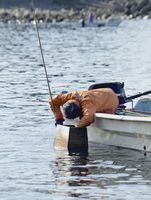 箱眼鏡で海中をのぞき込む漁師＝美波町恵比須浜沖